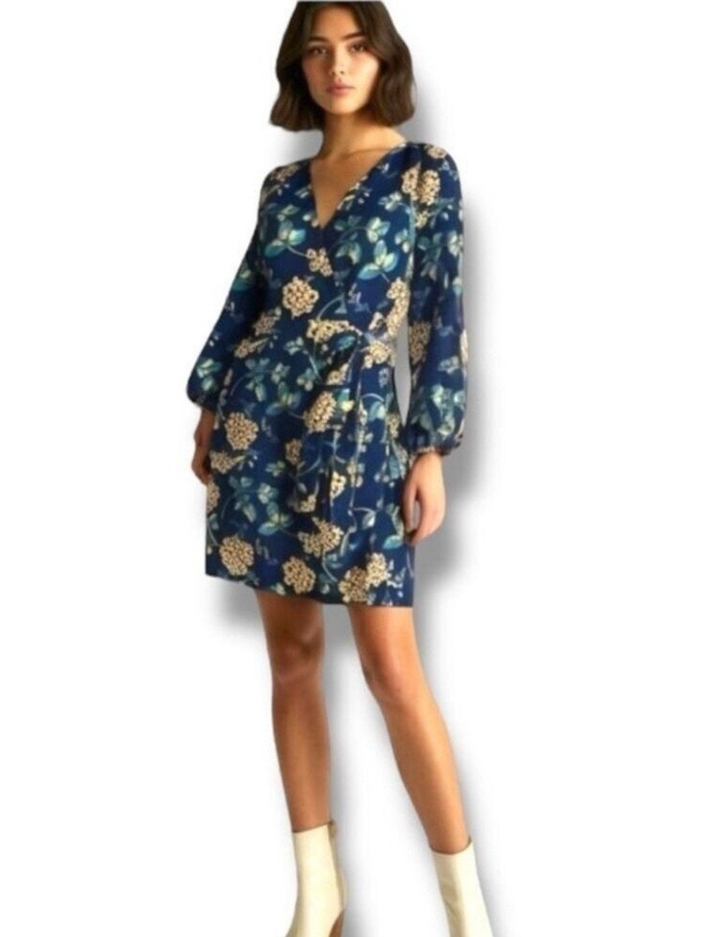 J. Crew Floral Wrap Dress 00, 3/4 Sleeve, V-Neck, Knee-Length/MIDI, Navy, Yellow